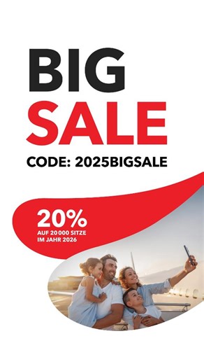 Air Prishtina on Instagram: "BIG SALE ‼️ 20% Rabatt auf 20'000 Sitze im neuen Jahr 2️⃣0️⃣2️⃣6️⃣ Startet ins neue Jahr mit grossen Plänen und kleinen Preisen! 🤩✈️ Bis zum 31.12.25 heisst es wieder: Zugreifen & Sparen – sichert euch 20% auf eure Reisen im Jahr 2026. 💸 ⏰ Buchung bis 31.12.25 📅 Reise flexibel bis zum 30.10.26 🔁 Gilt für Hin- und Rückflüge 🚫 Anzahl Sitzplätze pro Flug begrenzt So einfach geht's: 1. Wunschflug im 2026 online auswählen 2. Code 2025BIGSALE eingeben 3. Sofort 20% au