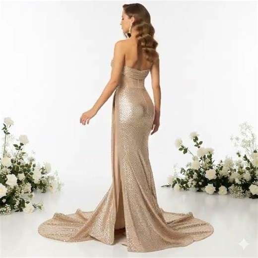 Sequin High Waist Long Streamer Open-Side Dress, Party, Evening