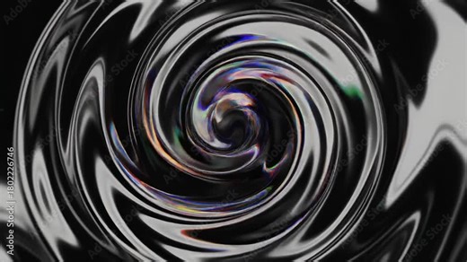 A swirling vortex of glossy monochrome liquid bends into a spiraling tunnel, creating hypnotic circular motion that distorts reflections and forms a deep dynamic whirl
