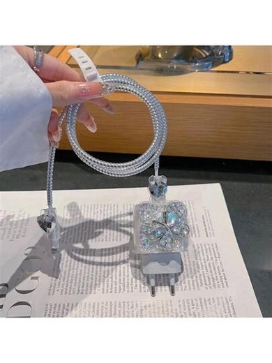 5pcs/Set Silver Butterfly Design[20W EU Charger Protector]Suitable For IPhone 13/14/15/16 Pro Max/Plus, Transparent Charger Head Protector Case + Anti-Break Data Cable Protector | SHEIN