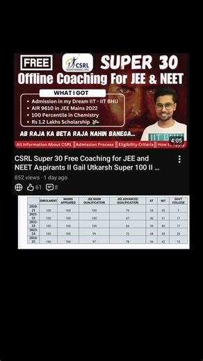 CSRL Super 30 Free Coaching for JEE and NEET Aspirants II Gail Utkarsh Super 100 II Super 100