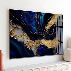 Navy Blue and Gold Marble Tempered Glass Wall Art: Modern Home Decor - Etsy