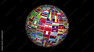 animated world country flags in sphere globe 360 degree rotating effect on black background Stock Video