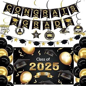 2025 Graduation Decorations, Congrats Grad Banner, Class of 2025 Backdrop, Balloons, Hanging Swirl, Graduation Party Supplies for High School, College Celebrations, Black and Gold