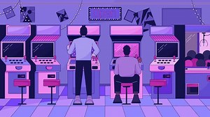 Reproducir máquinas de arcade lo fi fondo animado de dibujos animados. Juegos de vintage animación de fondo de pantalla en vivo retro lofi estética de 90. Amigos gamers arcade videogame color chill escena de vídeo de 4K gráfico