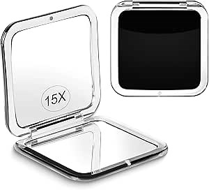 SANTOO Compact 15X Magnifying Makeup Mirror for Travel, Small Pocket Mirror-Handheld, Foldable & Portable 2-Sided with 15X Magnifying and 1X Mirror for Purses - Square 3.3 x 3.3 inch (Black)