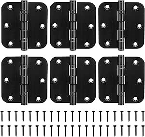KOLET Ball Bearing Door Hinges, 3.5 Inches Black Door Hinges, 5/8'' Radius Corner Heavy Duty Stainless Steel Hinges, Smooth and Quiet, Non Removable Pin, Matte Black, 6 Pack