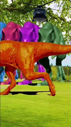 dinosaur walking over helicopter