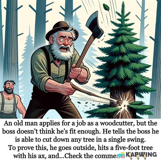 28K views · 24 reactions | An old man applies for a job as a woodcutter, but the boss doesn’t think he’s fit enough. He tells the boss he is able to cut down any tree in a single swing. To prove this, he goes outside, hits a five-foot tree with his ax, and...I laughed with tears all day after reading this joke藍藍 : Brilliant continuation in the first comment  | Daily Funny Vibes | Facebook