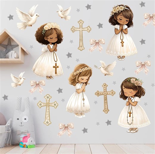 Communion Wall Stickers First Communion Girl Baptism Decals Praying Girl Cross Dove Catholic Wall Decor - Etsy