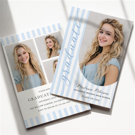 Blue Stripe Graduation Invitation Template – Canva Printable Photo Collage Invite - Etsy