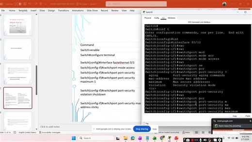 What is Port Security in Cisco? Port Security is a Layer 2 security feature on Cisco switches that limits which devices (MAC addresses) can connect to a switch port. 👉 Goal: Prevent unauthorized devices from accessing the network. Typical use case: • User access ports (PCs, printers, IP phones) • Prevent rogue laptops or switches ________________________________________ Key Rules of Port Security • Works only on access ports • Uses MAC addresses to identify devices • Can restrict, drop, or shut