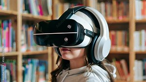 Child in a futuristic VR helmet exploring a virtual library for immersive education