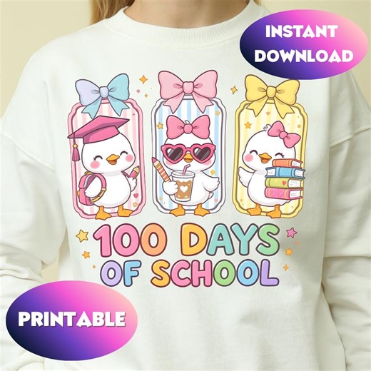 100 Days of School Goose PNG | Cute Pastel Kawaii Goose Design | 100th Day of School Shirt PNG | Kids Teacher Classroom Graphic - Etsy