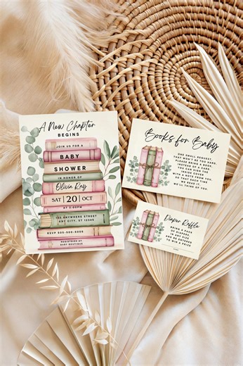 Pink Book Baby Shower Invitation Set: A New Chapter Begins (digital Download, Editable Canva Templates) - Etsy