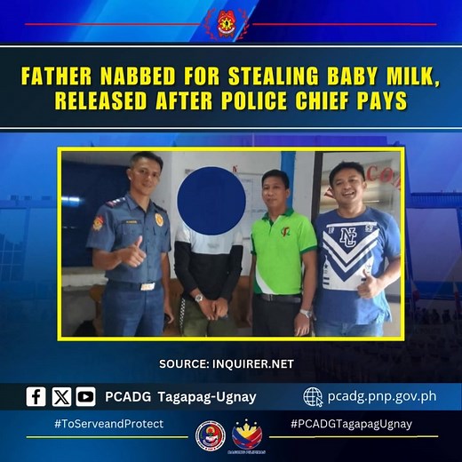 Father Nabbed for Stealing Baby Milk, Released After Police Chief Pays TABUK CITY, Kalinga — A single father was arrested for allegedly stealing a 1.725-kilogram box of baby milk from a supermarket on Thursday. According to the Tabuk City Police, a store staff caught the man taking the item without paying. However, after learning that the suspect did it out of desperation to feed his child, the city’s police chief chose to pay for the milk himself. The father was later released, and the incident