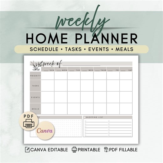 Weekly Home Planner Printable | Weekly Schedule Template | PDF Fillable & Canva Editable | Family Organizer | Tasks, Events, Meals - Etsy Canada