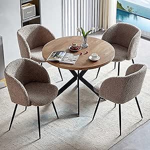 5 PCS Kitchen Dining Table Set, 37" Round Breakfast Dining Table MDF Tabletop, Space Saving Coffee Table Set for 4, Cozy Fluffy Sherpa Armchair Upholstered Dining Chairs with Metal Legs