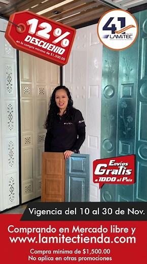 ¡El Buen Fin en Lamitec Tienda y Mercado Libre! - Aprovecha del 10 de noviembre al 30 de noviembre: 12% de descuento en todo LAMITEC. ✅ Compra mínima de $1,500 MXN 🏠Compra sin salir de casa en www.lamitectienda.com 🚪 Ideal para elaborar puertas, portones y gabinetes 👌Material de fácil instalación ✨Puedes pintar sin la necesidad de primer 👌Cuenta con el sistema de ensamble LAMICLICK, un sistema de ensamble sin necesidad de soldadura entre duelas 💸Ahorra tiempo y dinero con LAMITEC 📲Cotiza a