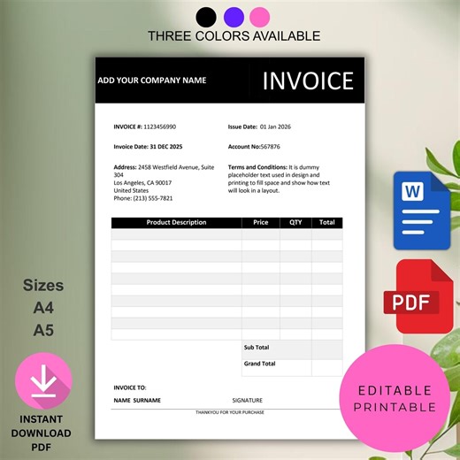 Editable Invoice Template | Printable Word Invoice | Custom Service Invoice Form | Small Business Billing Template | Blank Invoice Templete - Etsy UK