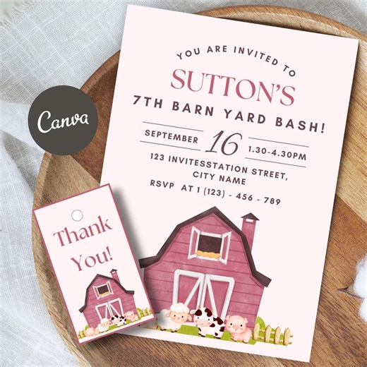 Barnyard Bash Girl Birthday Invitation, Pink Farm Party Invite, Kids Farm Birthday, Printable Barnyard Party, Editable Canva Template - Etsy