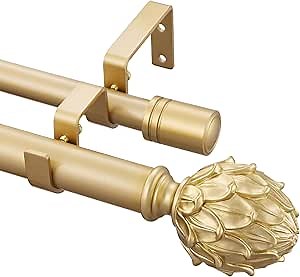 Gold Double Curtain Rod 66 to 120 Inches, 6/8 Inch +1 Inch Telescoping Heavy Duty Drapery Rod with Classic Finials,Window Treatment Curtain Rod Set