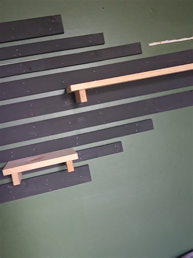 do some final paint touch ups and stain the shelves. pretty slick shelves all for less than amazon floating shelves. #DIYProjects #fyp #makercommunity