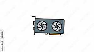 Graphics card animation with dual fans and connectors, perfect for gaming PCs and high performance computers. Enhances cooling and processing power