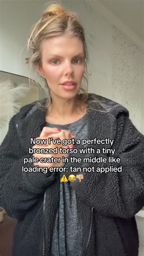 Nicole Baca on Instagram: "Now I’ve got a perfectly bronzed torso with a tiny pale crater in the middle like loading error: tan not applied ⚠️😂👎🏼 #fyp #tanning #fail #tanningfail"