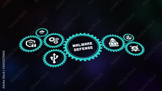 Anti-malware defense concept showing digital gears and virus protection icons for secure computer systems