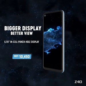 New Symphony Z40 comes with its huge display with a punch hole. Available at your nearest showroom only at 10,490 Tk. Key Specifications: - AndroidTM 10 - 6.55” HD IPS, Full Lamination Punch Hole Display - 2.3 GHz Octa-Core Processor (Media Tek Helio-G35) - 13MP Front & 13MP 5MP 2MP Rear Camera - 3GB DDR4 RAM 32GB ROM - 5000mAh Li-Polymer Battery, Non-Removable - 4G/3G/Wi-Fi/BT/GPS/OTG - Dual VoLTE - Proximity, Light, Gravity Sensor, Gyro Sensor. - Fingerprint sensor and Face unlock, - Type-C US
