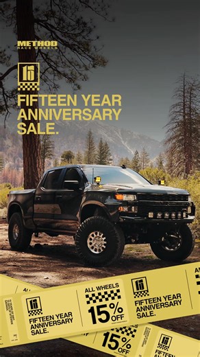 A Celebration Sale This Big Deserves a 15 Day Victory Lap. We’re marking everything down: Wheels, Wheel & Tire Packages, Apparel, and Accessories. 15% Off All Wheels* 15% Off Accessories 15% Off Apparel & Gear 25% Off UTV Wheel & Tire Packages *Excluding Forged Wheels & existing Markdown products | Method Race Wheels
