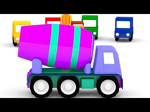 Um caminhão betoneira. 4 carros coloridos. Desenhos animados para crianças.