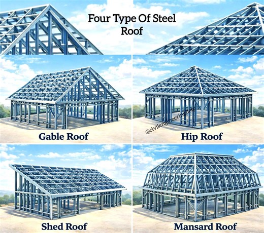 Four Type Of Steel Roof 1.Gable Roof: Shape: A traditional "A" shape with two sloping sides meeting at a peak. Steel Framing: Often supported by a ridge beam and two sloped trusses. Advantages: Simple design, easy to construct, and excellent for shedding water and snow. It provides more space for attic ventilation. Best for: Residential buildings, barns, and simple structures. 2.Hip Roof: Shape: All four sides of the roof slope downward to meet at a single point, forming a pyramid-like shape. St
