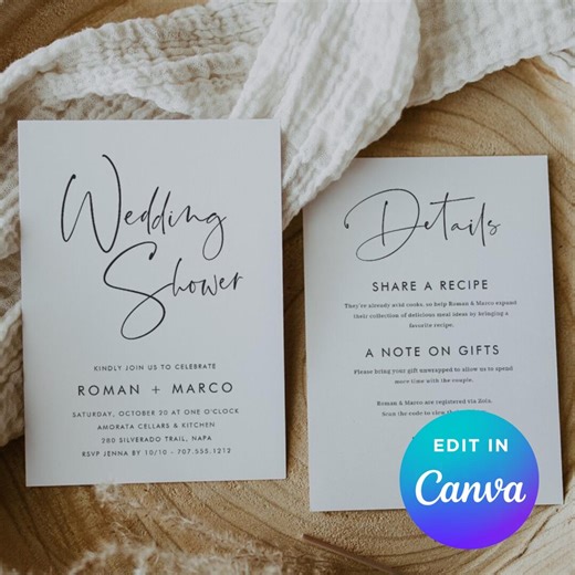 Wedding Shower Invitation and Details Card Template | Editable Canva Invite Set | Minimalist Black & White