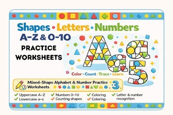 Mixed-Shape Alphabet & Numbers Worksheets | Shapes , Letters & Numbers