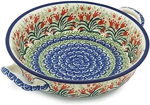 Authentic Polish Pottery Round Baker with Handles in Crimson Bells Design Handmade in Bolesławiec Poland by Ceramika Artystyczna + Certificate of Authenticity