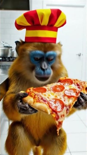 Benny the golden monkey drops a pizza slice, then picks it up and laughs “he he he.”