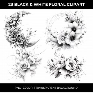 23 Black and White Floral Clipart, Vintage Flower Illustrations, Moon Wreath PNG, Monochrome Floral Clipart, Botanical Line Art PNG - Etsy