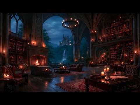 Grand Gothic Library in Haunting Spring Atmosphere📚Cozy Fireplace & Heavy Rain | Dark Academia Music