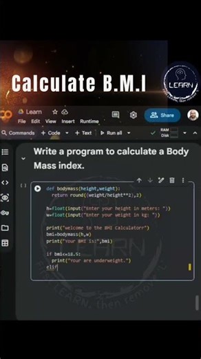 Python Code To Calculate Body mass Index (B.M.I).