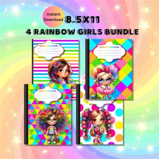 Rainbow Girls Composition Notebook Bundle|back to School|printable|digital Download|composition Book PNG - Etsy