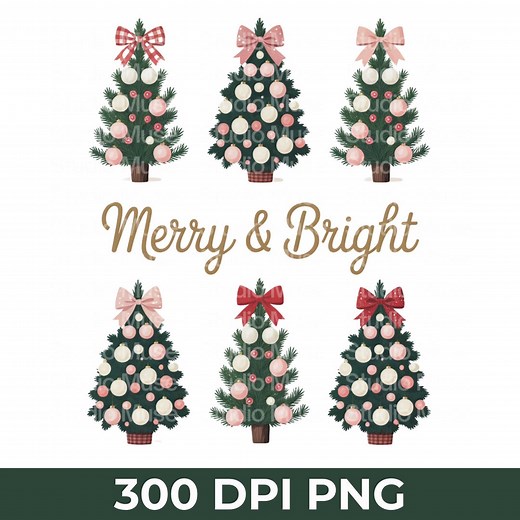Christmas Tree Clipart Merry & Bright PNG, Cute Holiday Tree Clip Art With Bows and Ornaments, Festive Digital Download Art - Etsy
