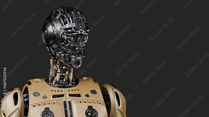 Futuristic robot man walk or male humanoid cyborg steps from left to right side of the screen. Upper body isolated on black background with alpha. 3d rendering animation