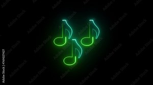 Glowing neon line musical note icon on black background. Music symbol neon color reveal and glowing loop effect animation.