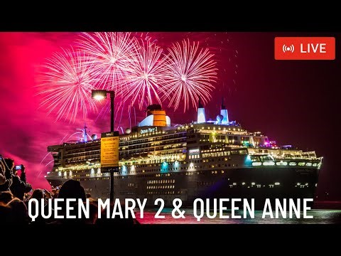 SHIPS TV - FIREWORKS Cunard Queen Mary 2 & Queen Anne Cruise Ship Departing Port Southampton (LIVE)