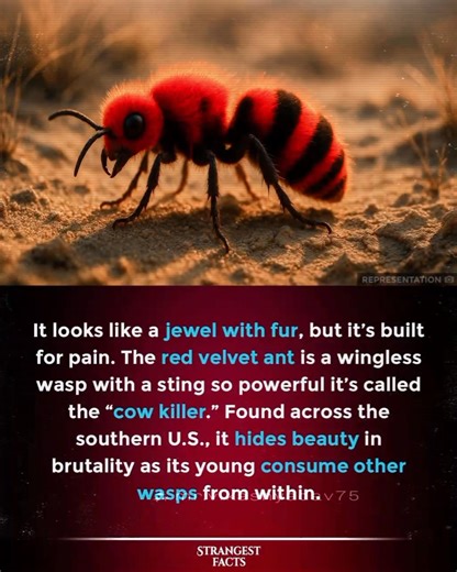 The red velvet ant is a wingless female wasp, not an ant, known for its bright red and black coloration and a powerful sting. Also called the "cow killer," its sting is extremely painful but not fatal to humans or cows. These insects are solitary parasites that lay their eggs in the nests of other ground-nesting insects. Identification and characteristics Appearance: Females are wingless, covered in dense, velvety hair, and have a bright red or orange-red color with black patches. Males are wing