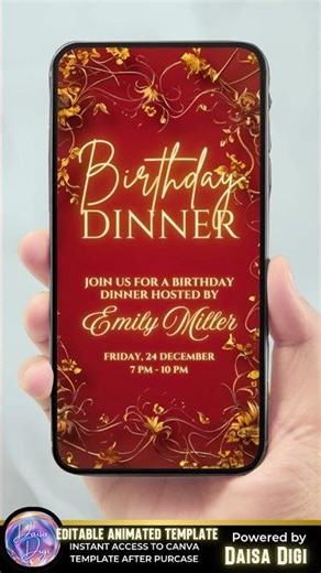 Burgundy Gold Birthday Dinner Invitation | Elegant Animated Canva Video