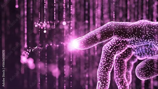 Futuristic digital hand touching falling binary code rain in purple virtual reality data stream