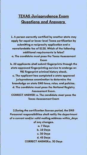 TEXAS Jurisprudence Exam Questions and Answers